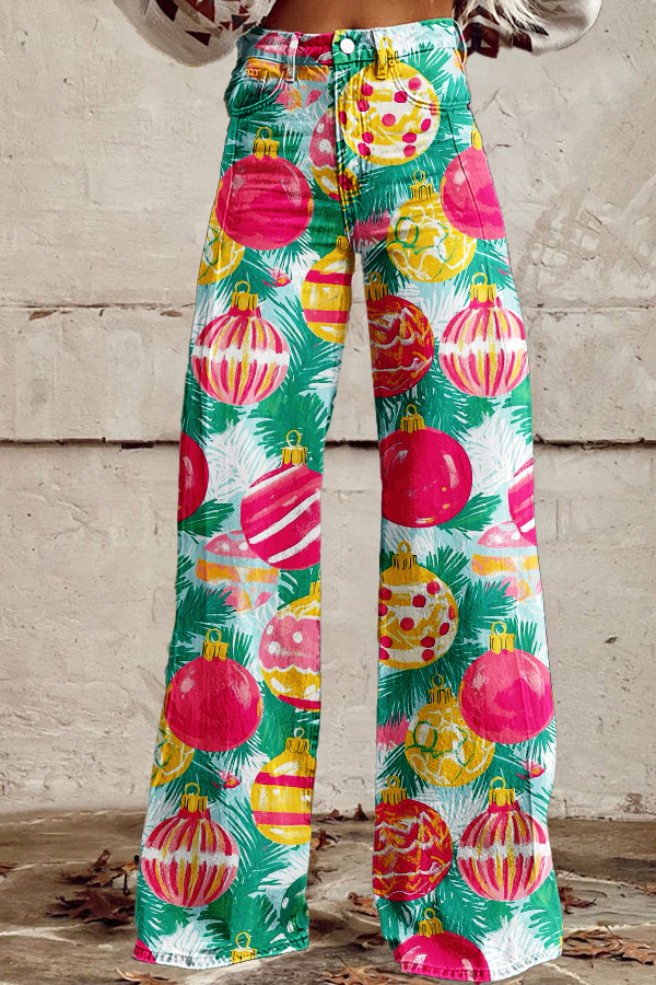 Colorful Christmas Ball Print Wide-Leg Pants