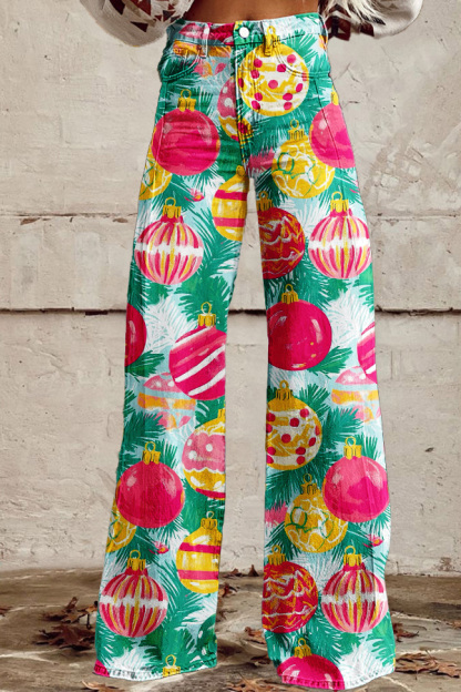 Colorful Christmas Ball Print Wide-Leg Pants
