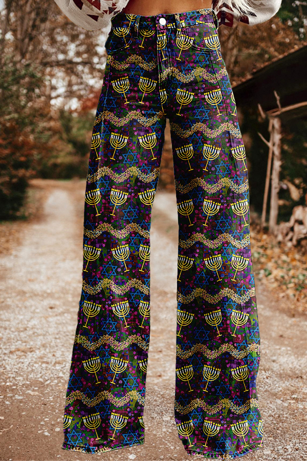 Retro Hanukkah Candle Wide-Leg Pants