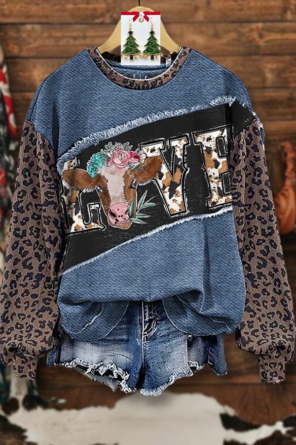 Western-Style Leopard Print Patchwork Sweatshirt