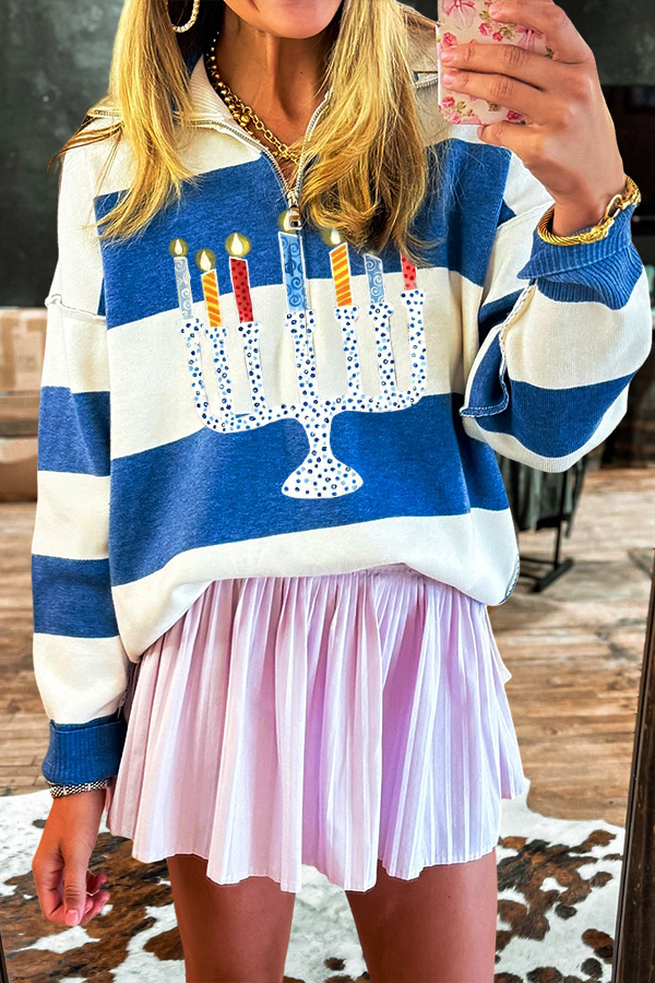 Hanukkah Candle Striped Zip-Up Sweatshirt