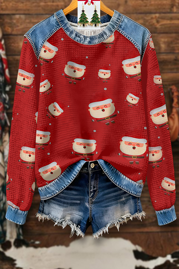 Retro Santa Claus Print Patchwork Sweatshirt