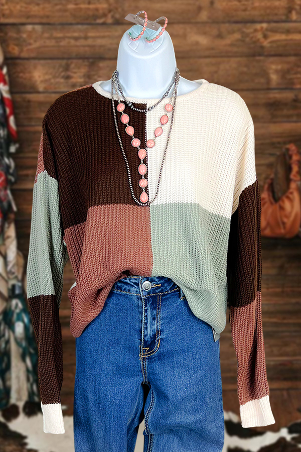 Color-Blocked Plaid Crew Neck Knit Sweater