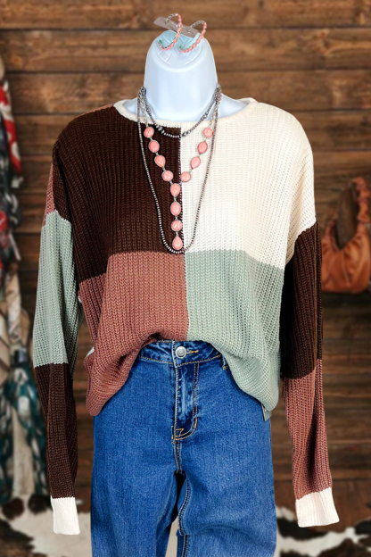 Color-Blocked Plaid Crew Neck Knit Sweater