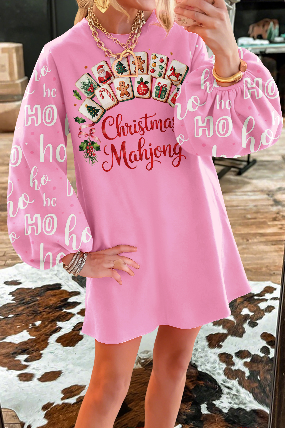 Cute Christmas Mahjong Print Sweatshirt Dress