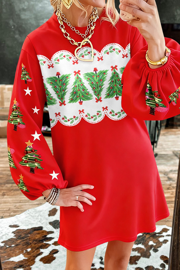 Retro Christmas Tree Print Sweatshirt Dress