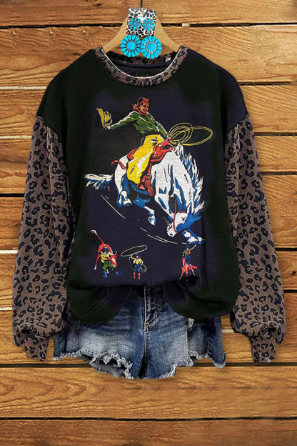 Retro Horse Racing Leopard Print Patchwork Sweatshirt