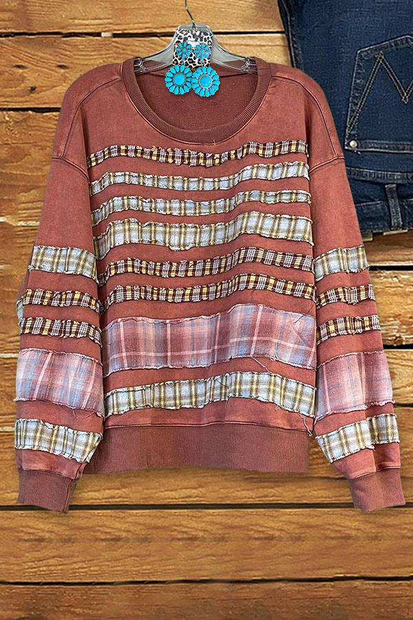 Retro Plaid Print Crew Neck Sweatshirt