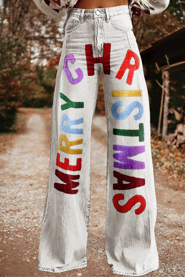 Christmas Colorful Letter Wide-Leg Pants