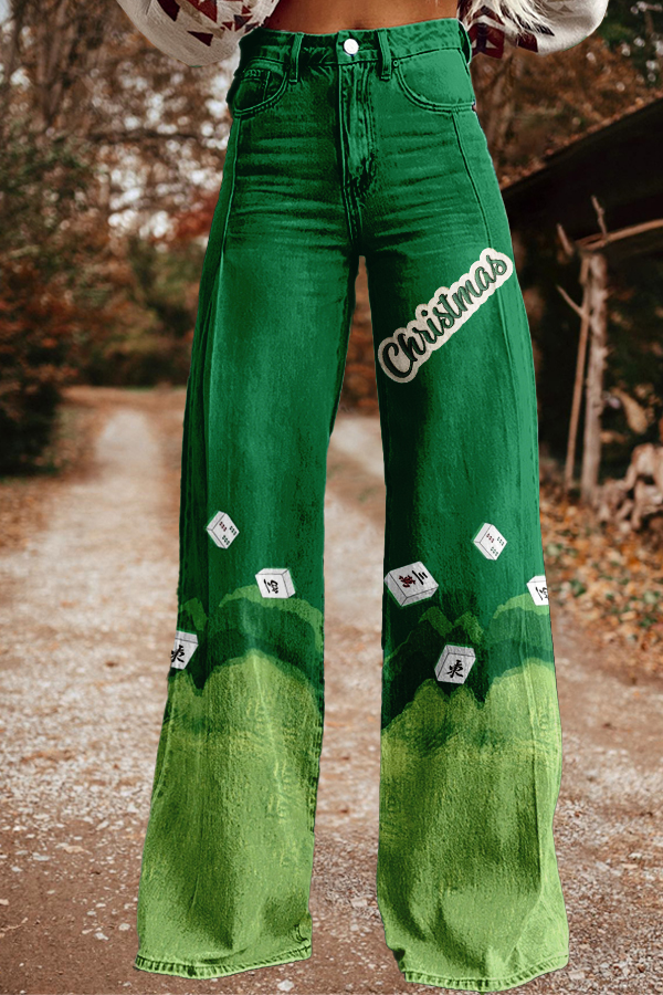 Christmas Mahjong Print Wide-Leg Pants