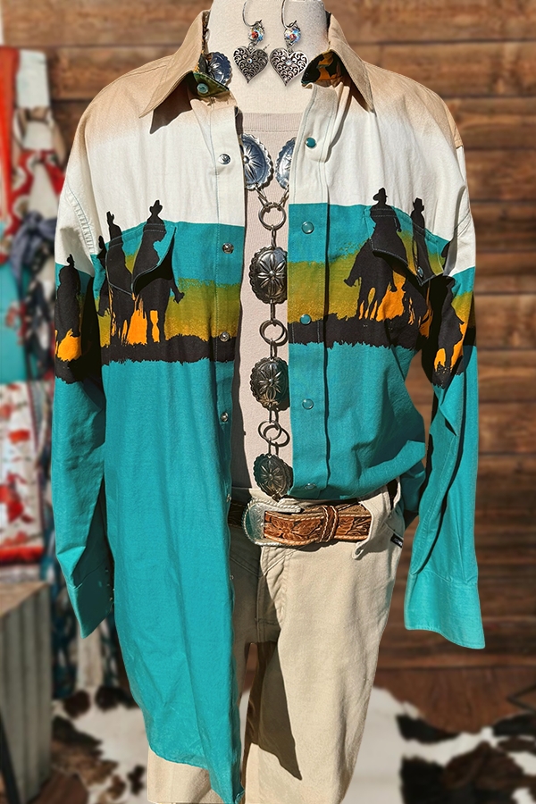 Western Retro Print Button-Up Shirt