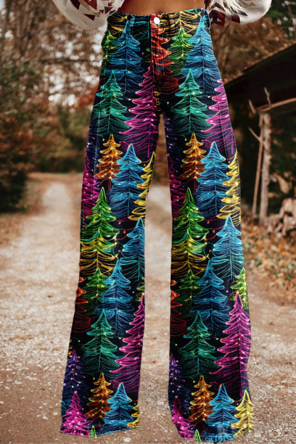 Color-Blocked Christmas Tree Print Wide-Leg Pants