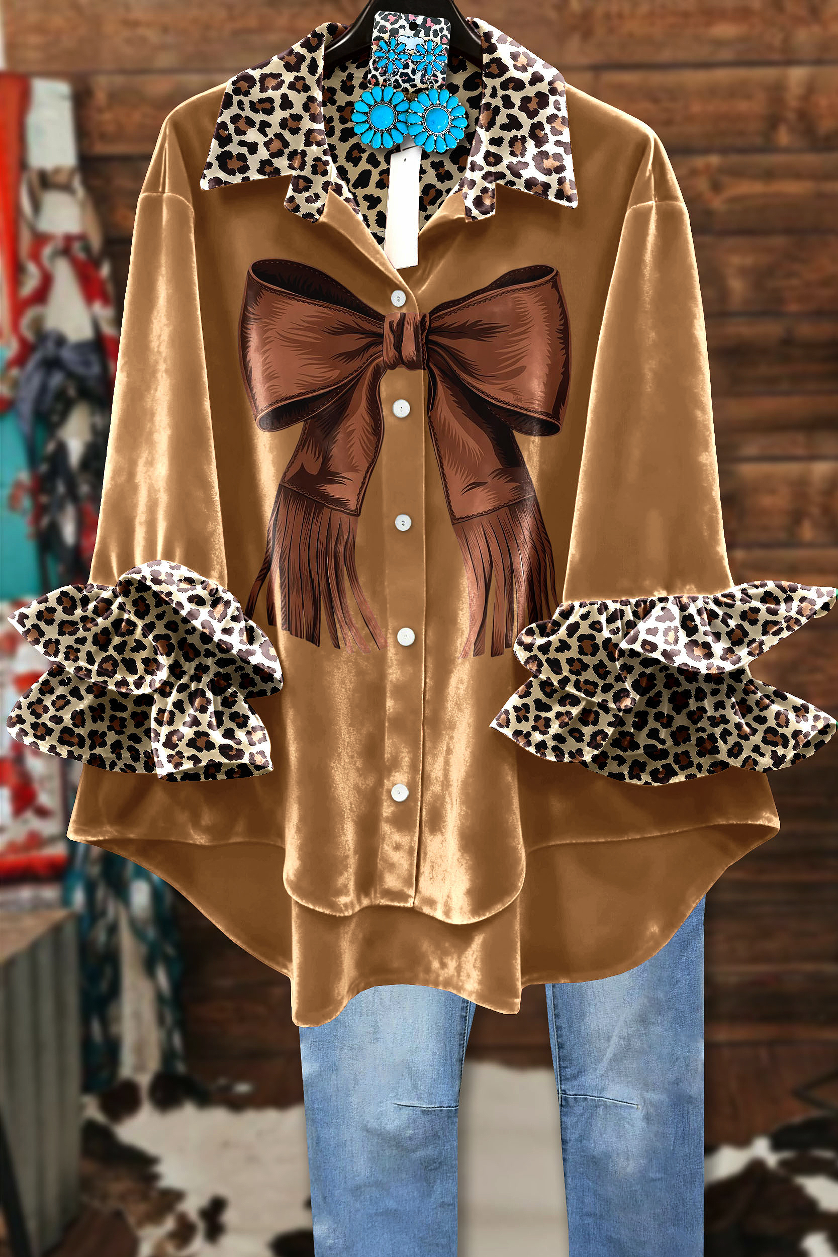 Retro Velvet Leopard Print Bow Ruffle Sleeve Top