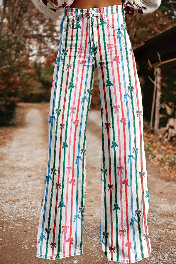 Classic Bow-Tie Striped Wide-Leg Pants
