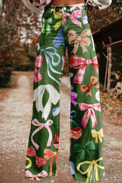 Retro Colorful Bow Print Wide-Leg Pants