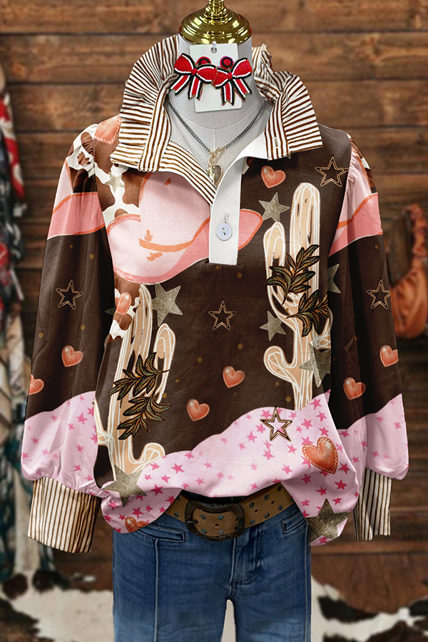 Pink Western Girl Striped Patchwork Shirt