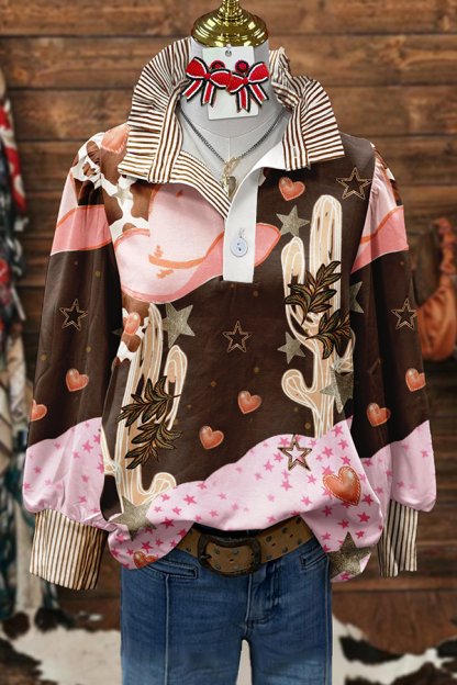 Pink Western Girl Striped Patchwork Shirt