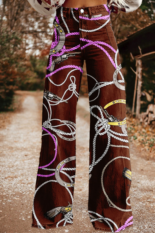 Western Horseshoe Print Wide-Leg Pants