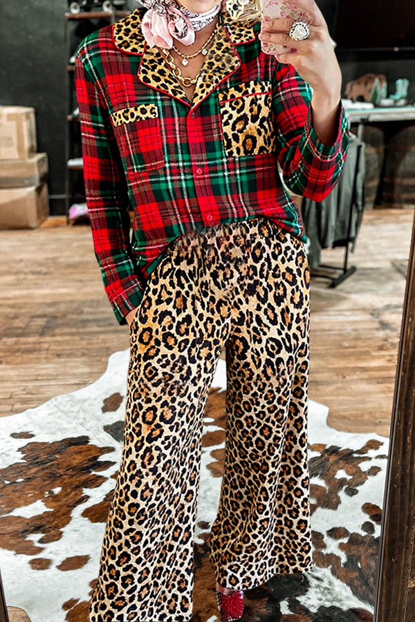 Christmas Plaid Leopard Print Pajama Set