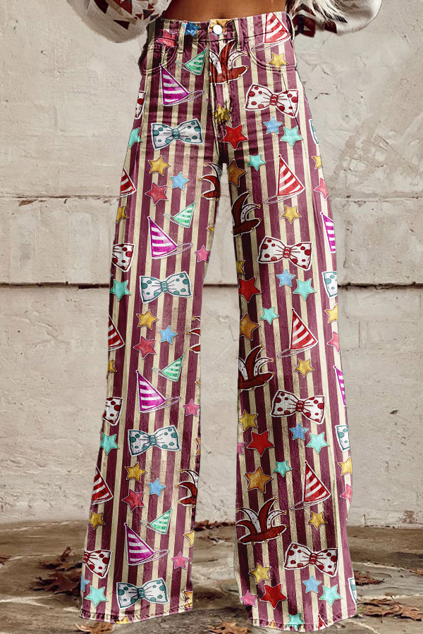 Retro Mardi Gras Striped Print Wide-Leg Pants