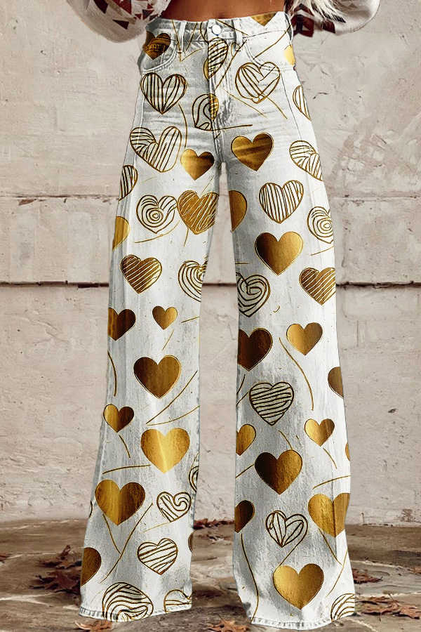 Sweet Valentine'S Day Gold Heart Wide-Leg Pants