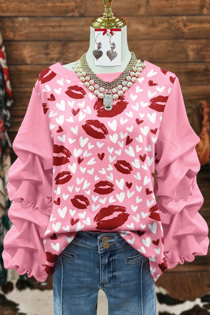 Valentine'S Day Heart Kiss Patchwork Sweatshirt