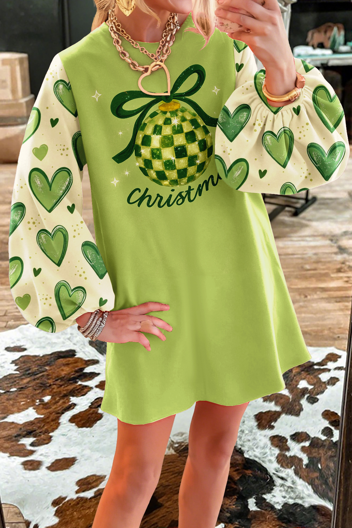 Christmas Ball Heart Patchwork Sweatshirt Dress