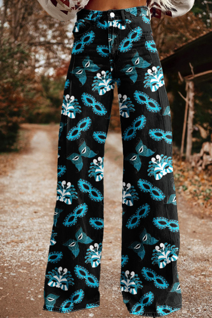 Western-Style Mardi Gras Mask Wide-Leg Pants