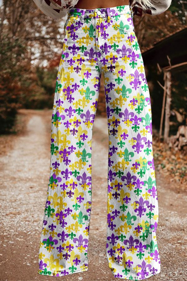 Mardi Gras Fleur-De-Lis Wide-Leg Pants