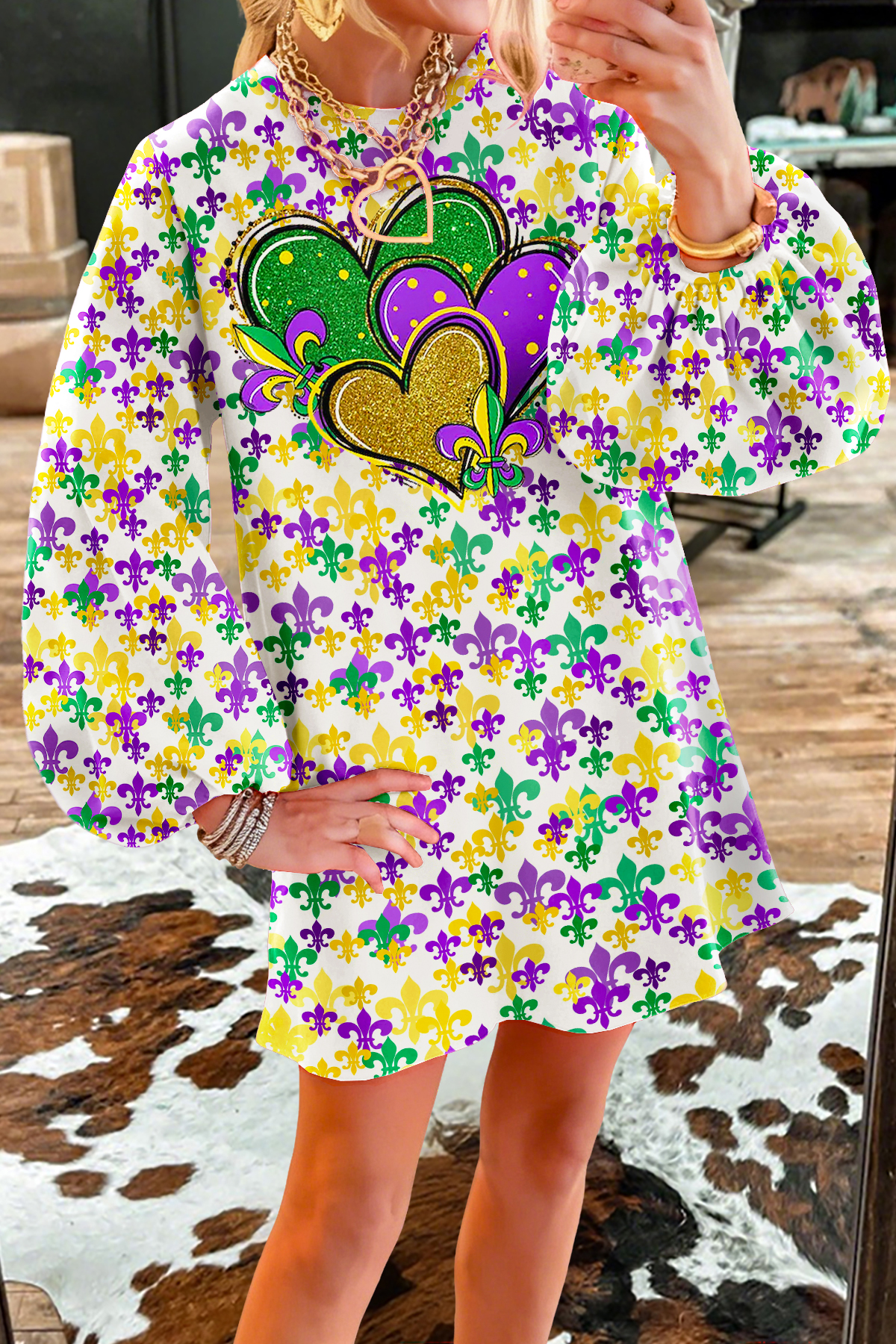 Mardi Gras Fleur-De-Lis Sparkling Heart Sweatshirt Dress