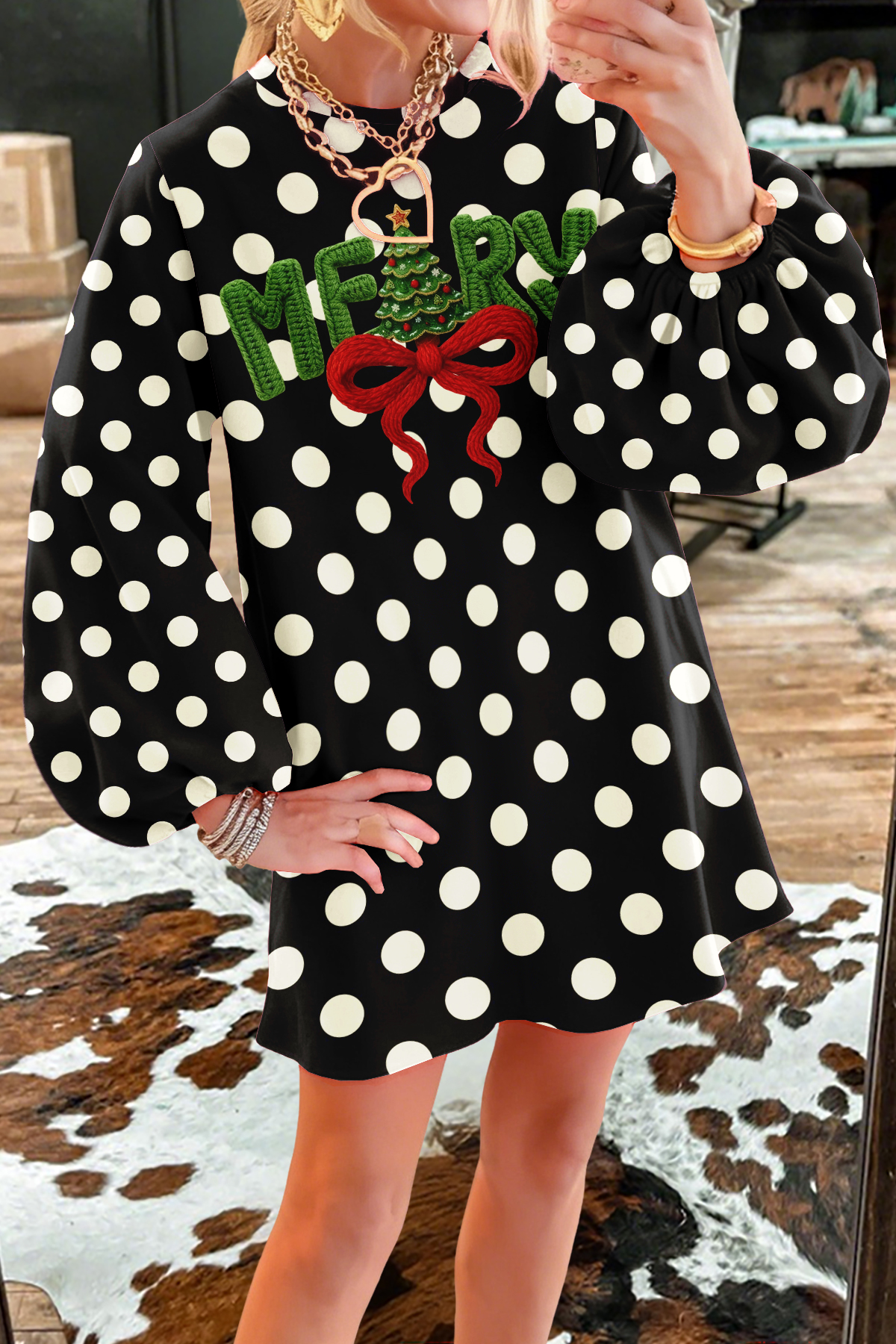 Christmas Retro Polka Dot Sweatshirt Dress