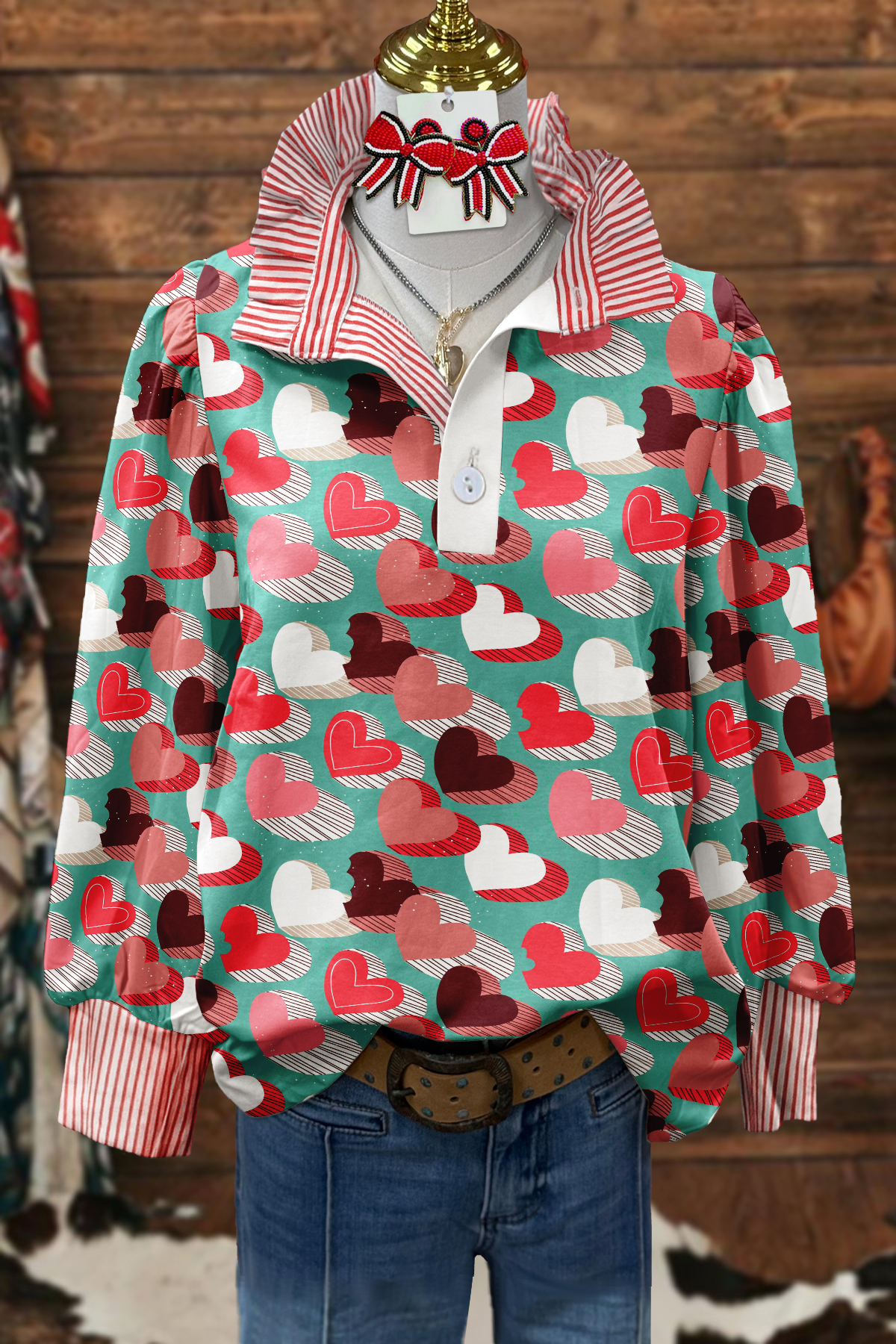 Valentine'S Day Color-Blocked Heart Striped Shirt