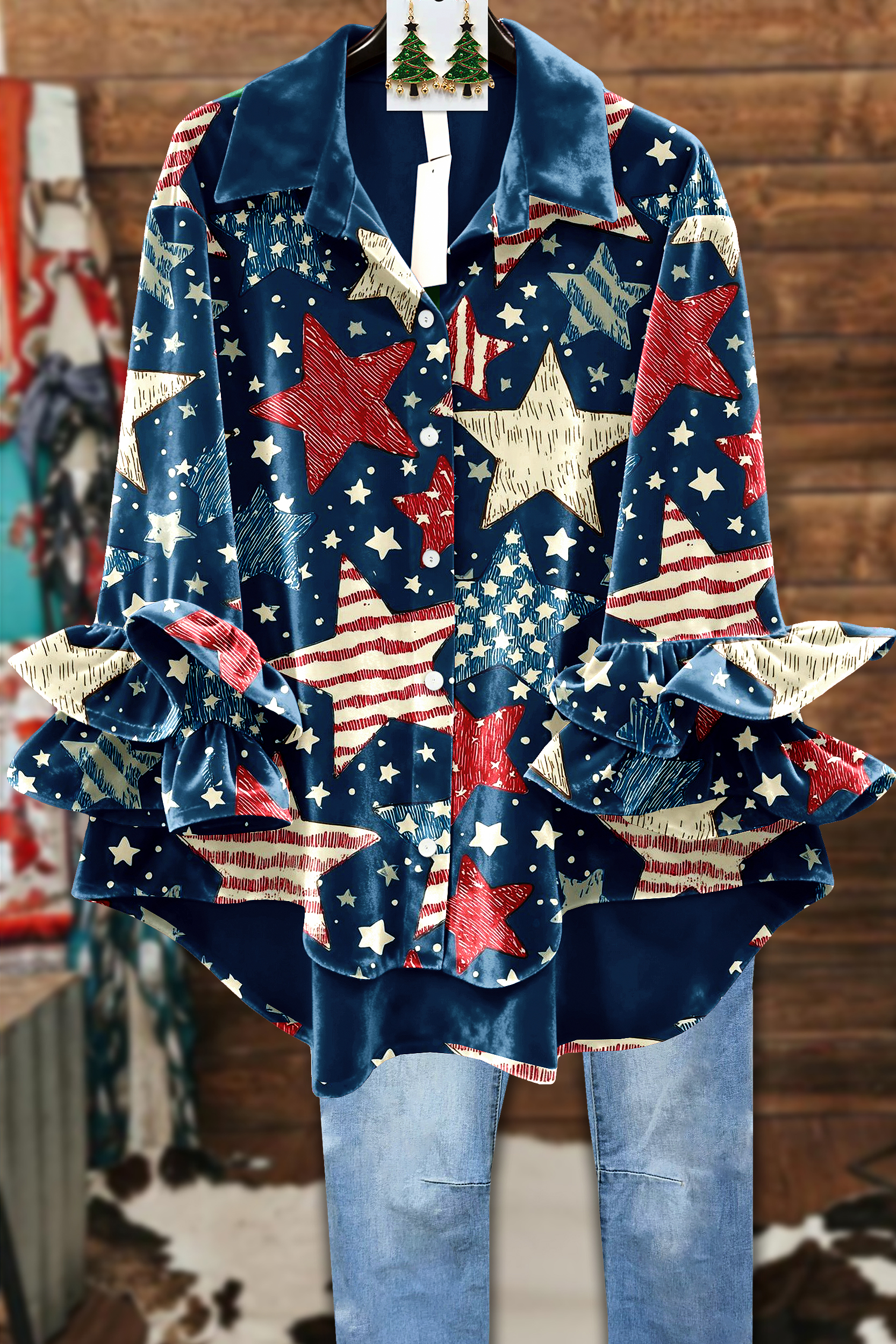Velvet American Flag Star Ruffle Sleeve Top