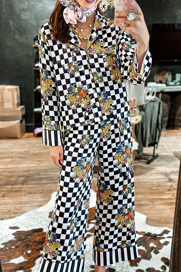 Retro Courtly Flower Plaid Pajama Set