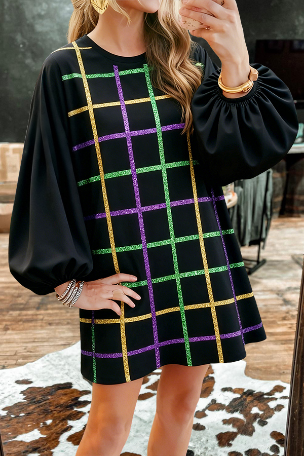 Mardi Gras Sparkly Plaid Sweatshirt Dress