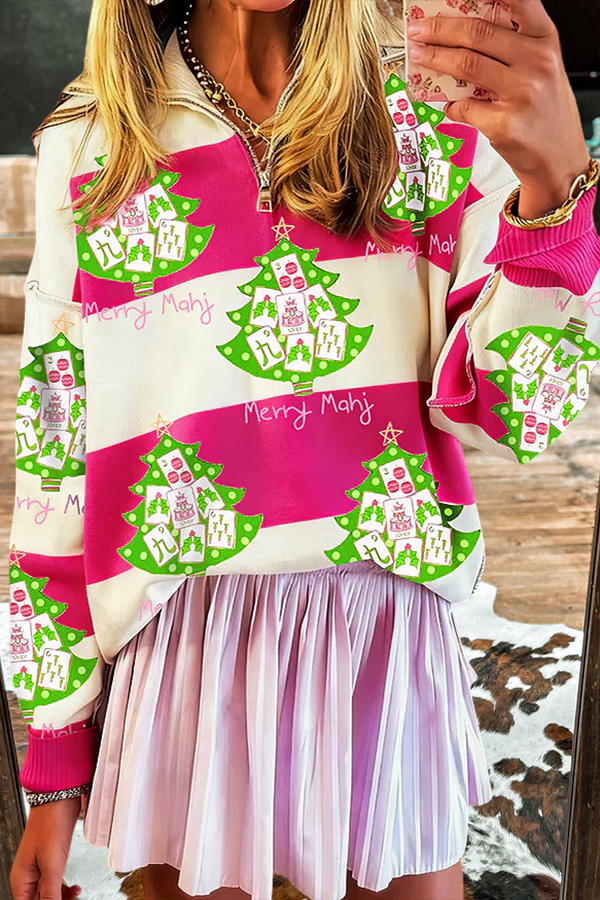 Mahjong Christmas Tree Striped Zip-Up Sweatshirt