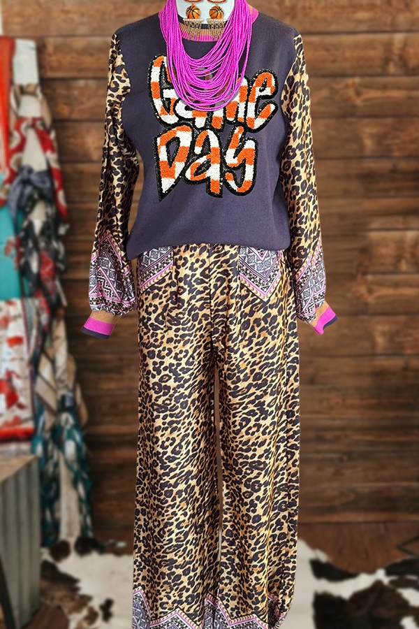 Game Day Basketball Leopard Sweatshirt And Pants Two-Piece Set