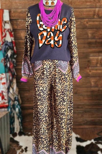 Game Day Basketball Leopard Sweatshirt And Pants Two-Piece Set