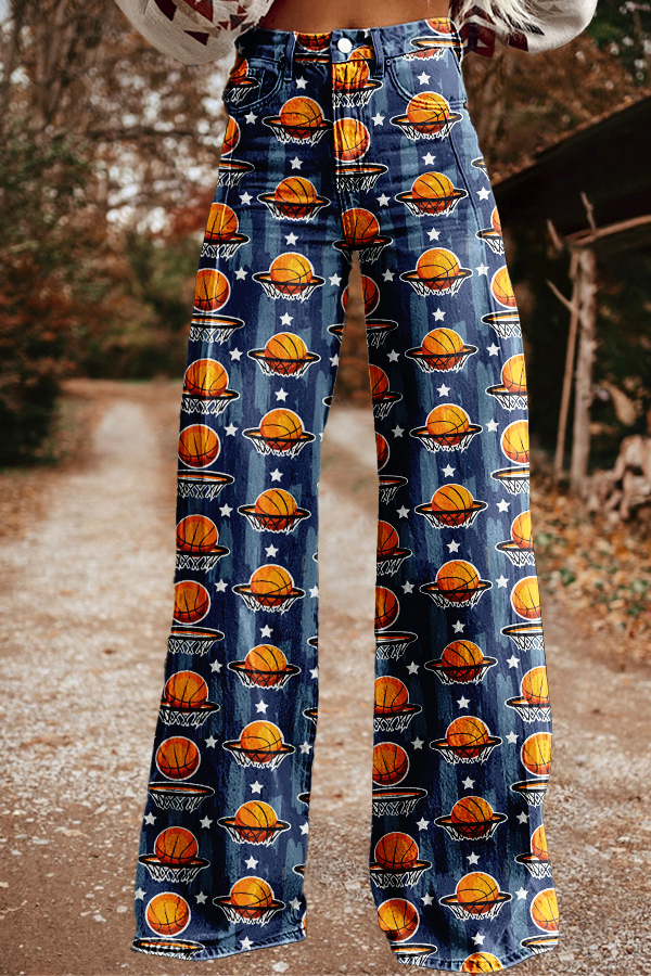 Game Day Basketball Print Wide-Leg Pants
