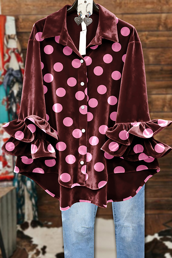 Retro Velvet Polka Dot Ruffle Sleeve Top