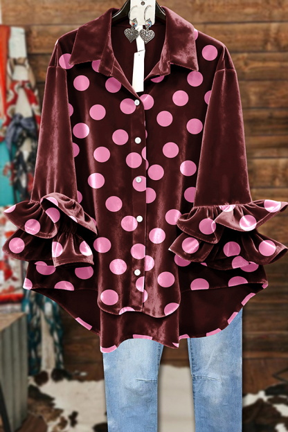 Retro Velvet Polka Dot Ruffle Sleeve Top