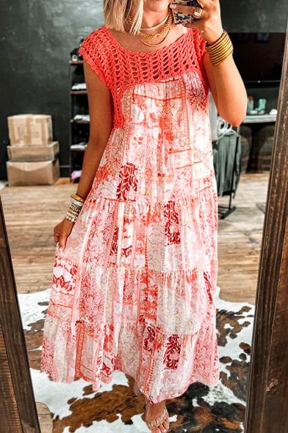 Bohemia Flowing Crochet Mesh Cake Long Dress