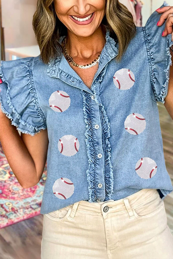 Women's top | Game Day Baseball Denim Ruffle Sleeve Shirt |westernfeelings