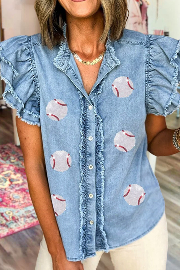 Game Day Baseball Denim Ruffle Sleeve Shirt