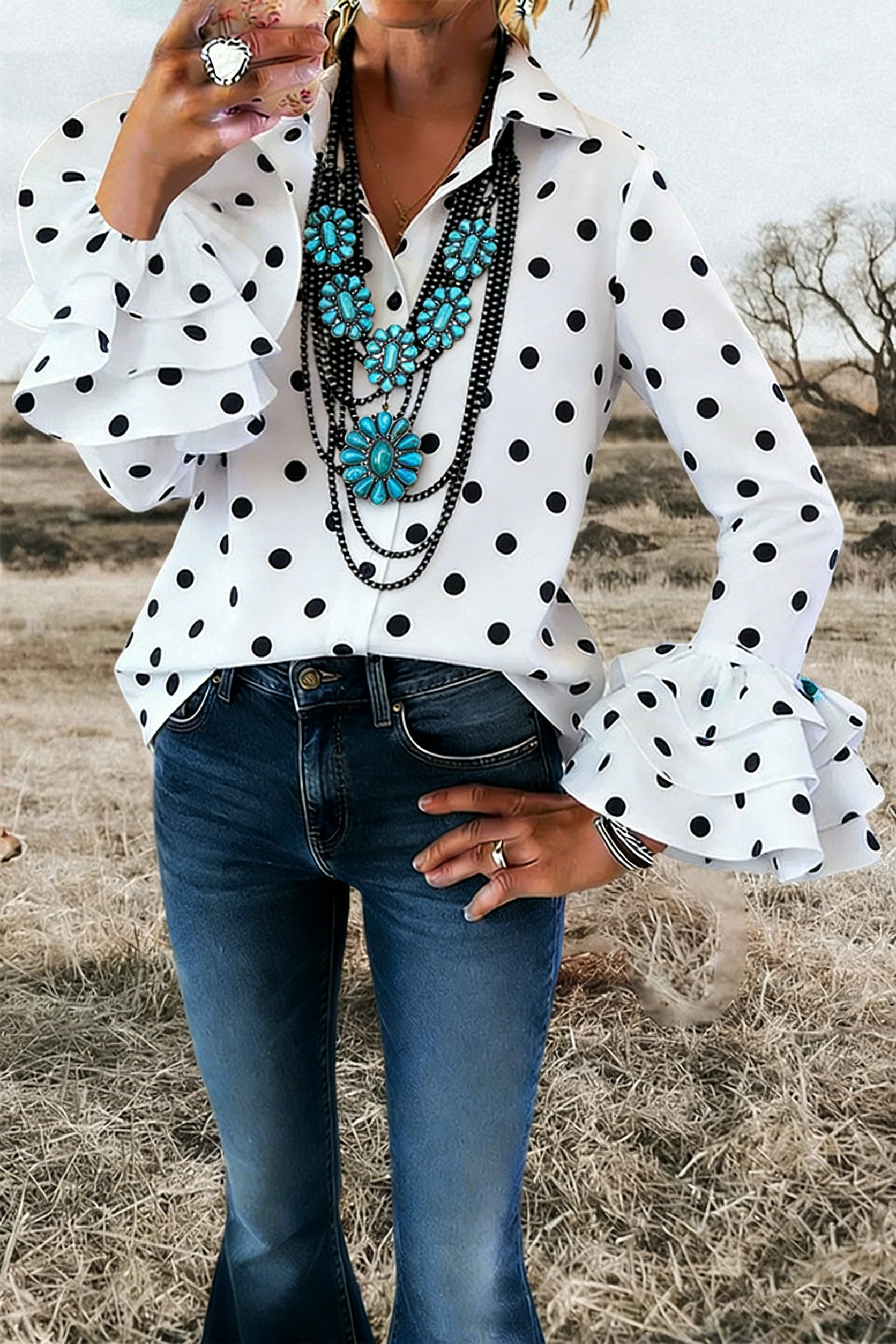 Classic Polka Dot Layered Ruffle Sleeve Shirt