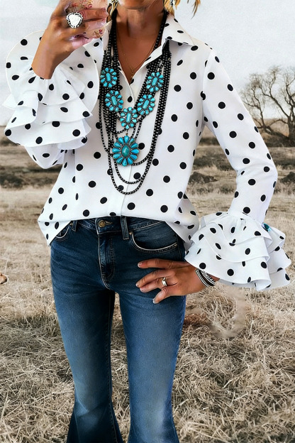 Classic Polka Dot Layered Ruffle Sleeve Shirt