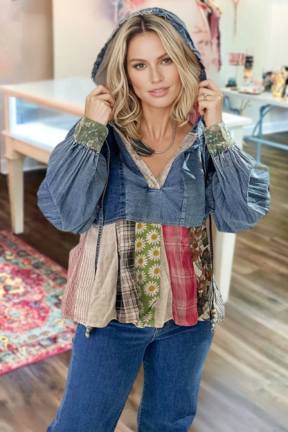 Country Denim Daisy Ruched Hoodie