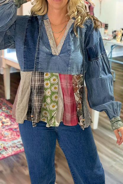 Country Denim Daisy Ruched Hoodie