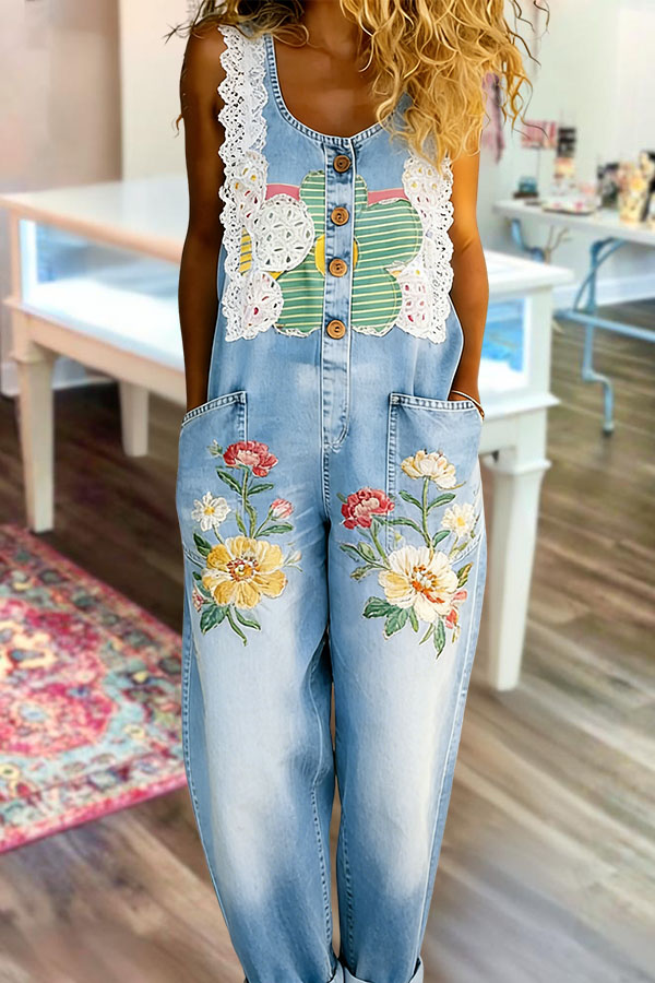 Pastoral Floral Washed Cotton Denim Overalls