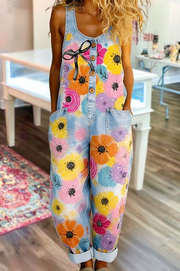 Cute Floral Bow Washed Cotton Denim Overalls